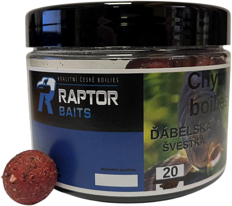 RAPTOR BAITS Chytací boilies v dipu Ďábelská švestka 250g 20mm