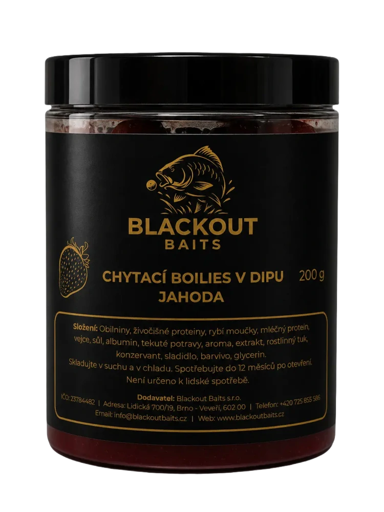 BLACKOUT BAITS Chytací boilies v dipu Jahoda 200g 20mm