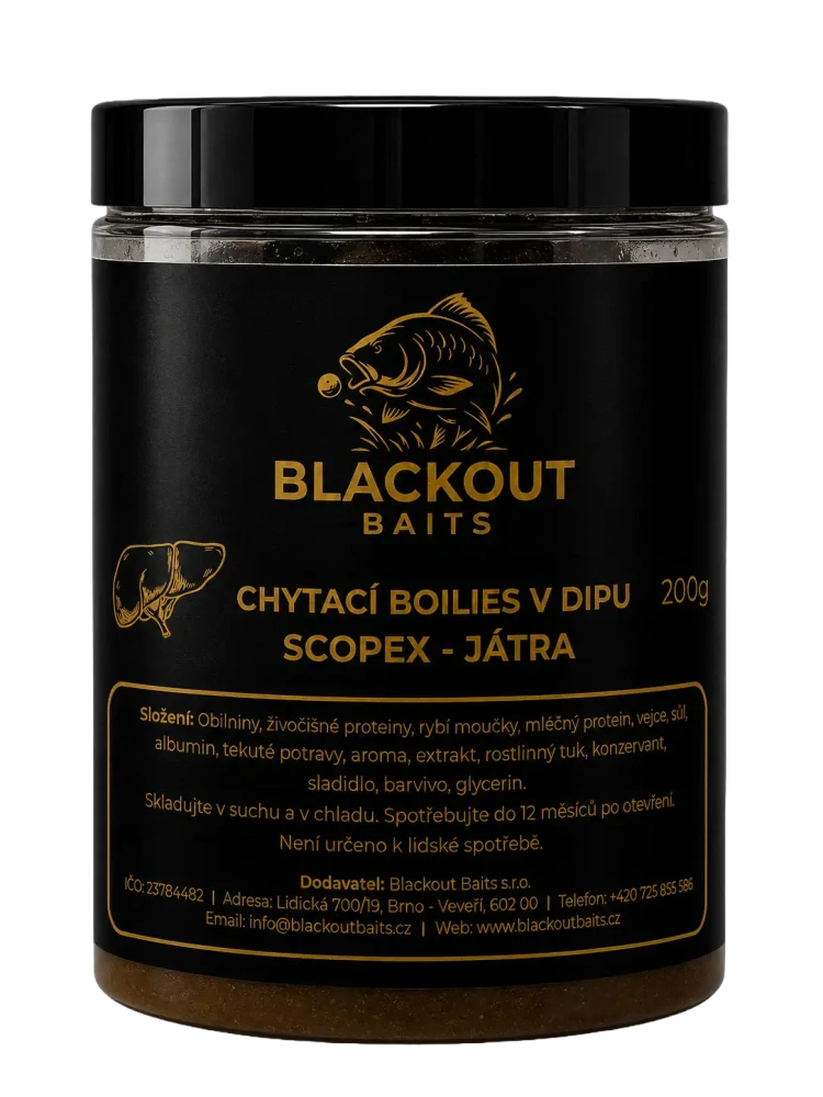 BLACKOUT BAITS Chytací boilies v dipu Scopex Játra 200g 24mm