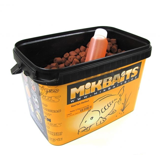 MIKBAITS Pelety Red Fish Halibut 2,5kg 14mm + 100ml lososového oleje