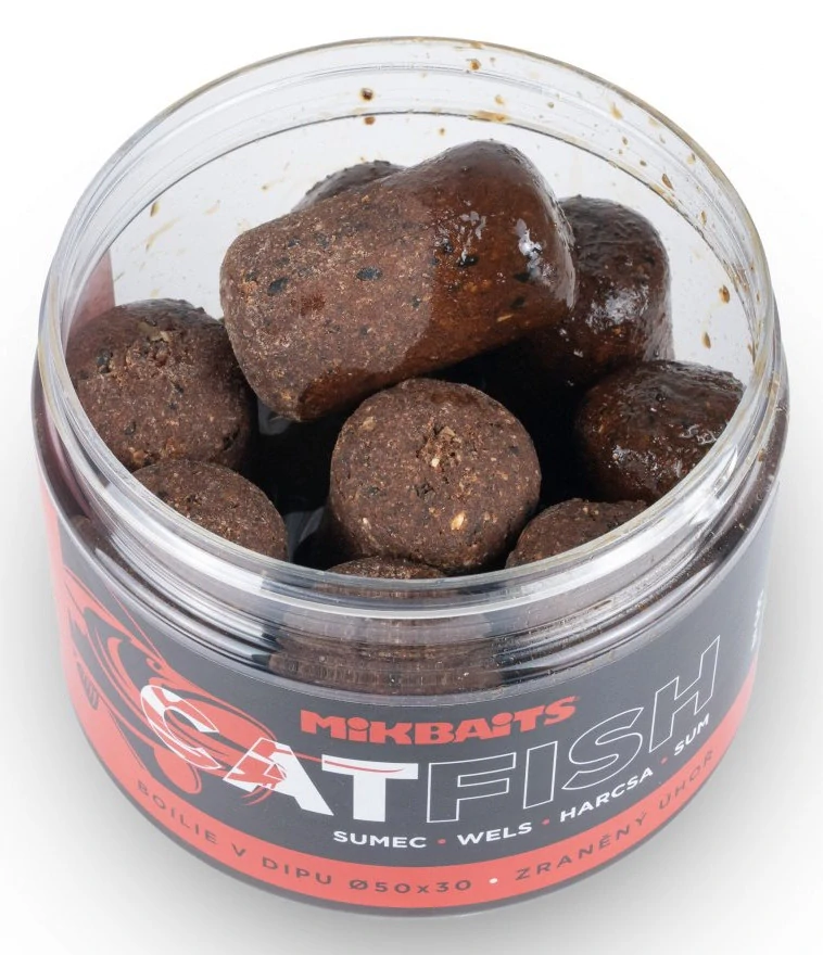 MIKBAITS Boilie v dipu Catfish Zraněný úhoř 500ml 50x30mm