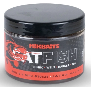 MIKBAITS Boilie v dipu Catfish Játra Halibut 500ml 30x25mm