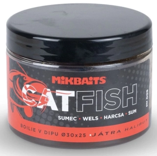 MIKBAITS Boilie v dipu Catfish Játra Halibut 500ml 50x30mm