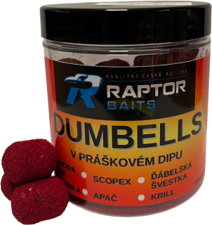 RAPTOR BAITS Dumbells v praškové dipu Krill Chilli 250ml