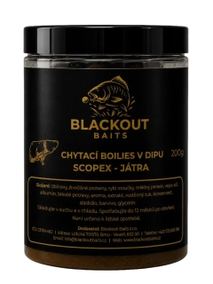 BLACKOUT BAITS Chytací boilies v dipu Scopex Játra 200g 20mm